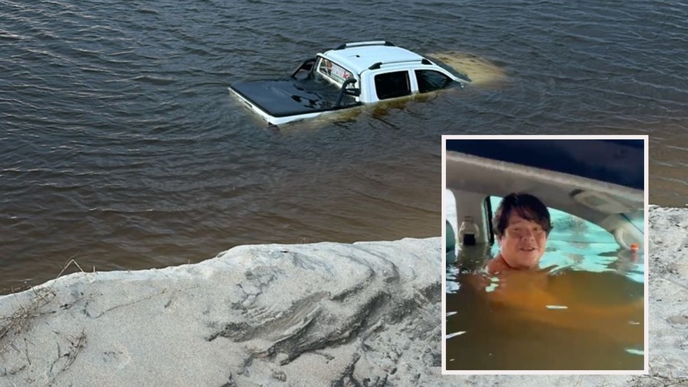 Daniel Studart estava passando pelo local quando viu a caminhonete submersa e gravou a brincadeira com os amigos. — Foto: Reprodução