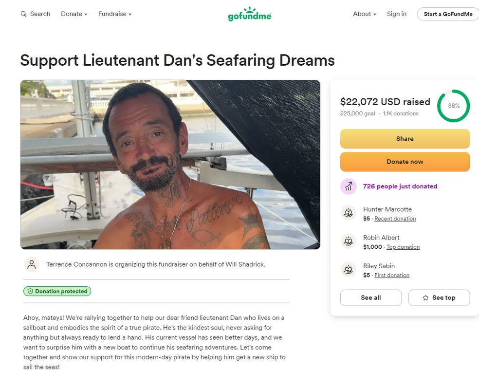 Vaquinha para 'Tenente Dan' no site GoFundMe — Foto: Reprodução
