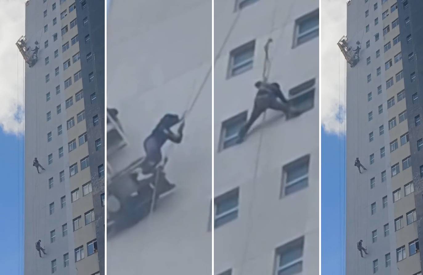 Trabalhadores ficam dependurados em 16º andar de prédio de BH após cabo de andaime se romper; VÍDEO
