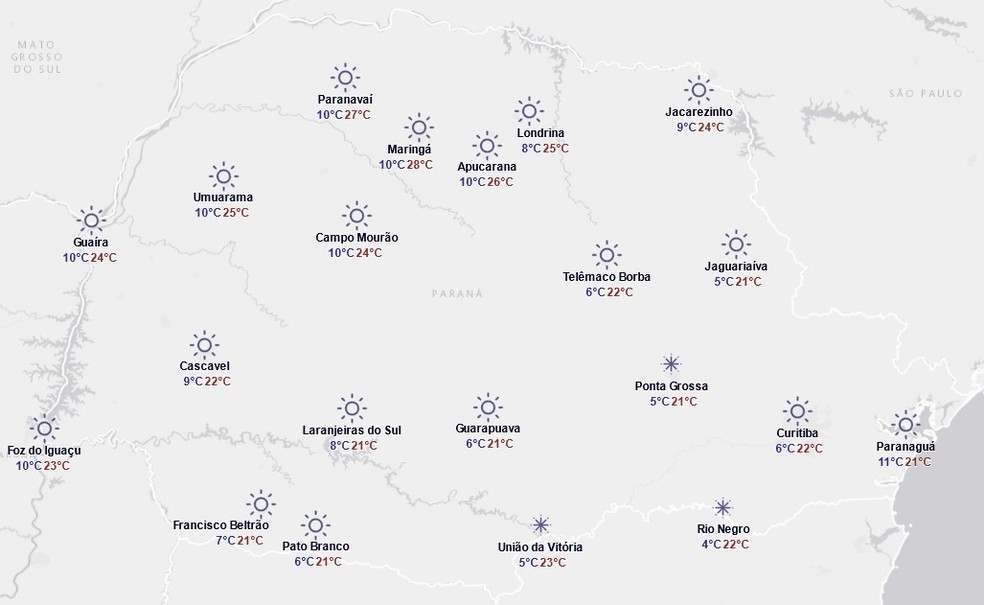 Previsão do tempo do Simepar para quarta-feira, 13 de agosto — Foto: Reprodução/Simepar