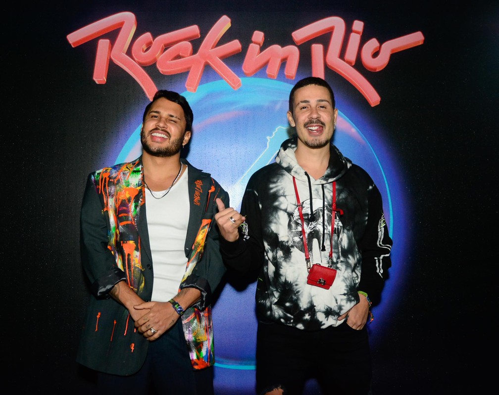 Lucas Guimarães e Carlinhos Maia no 3º dia do Rock in Rio 2022 — Foto: Webert Belicio/Agnews