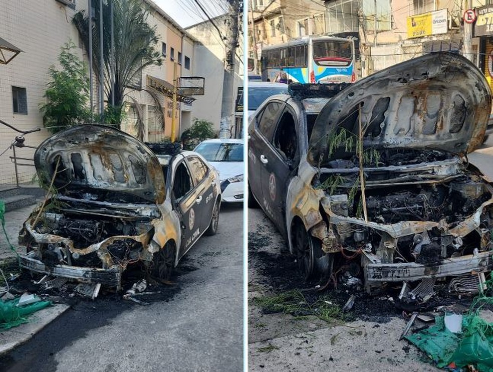 Viatura da Deam de São Gonçalo ficou parcialmente destruída — Foto: Reprodução