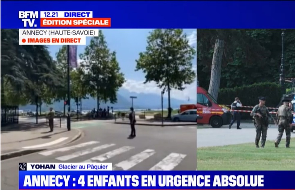 Cobertura da BFM, canal de televisão da França, sobre ataque com faca em Annecy — Foto: Reprodução/BFM TV