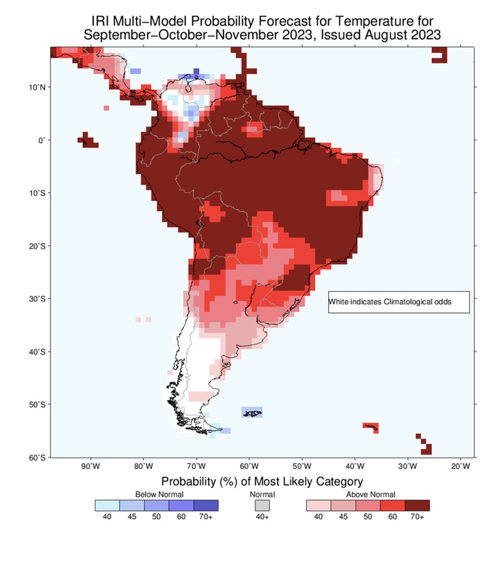 Modelo de desvio de temperatura previsto para os meses da primavera meteorológica na América do Sul. — Foto: International Research Institute for Climate and Society