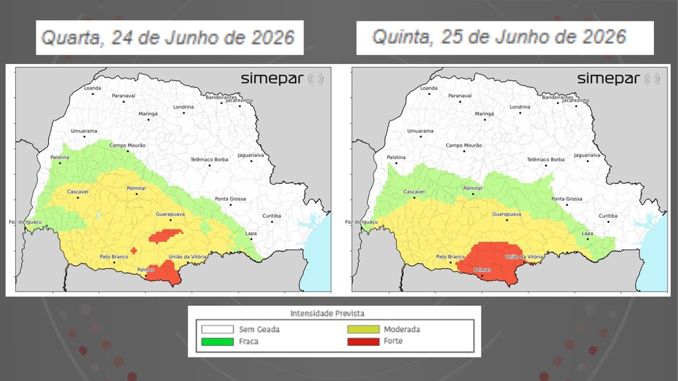 Alerta de geadas do Simepar — Foto: Reprodução/Simepar