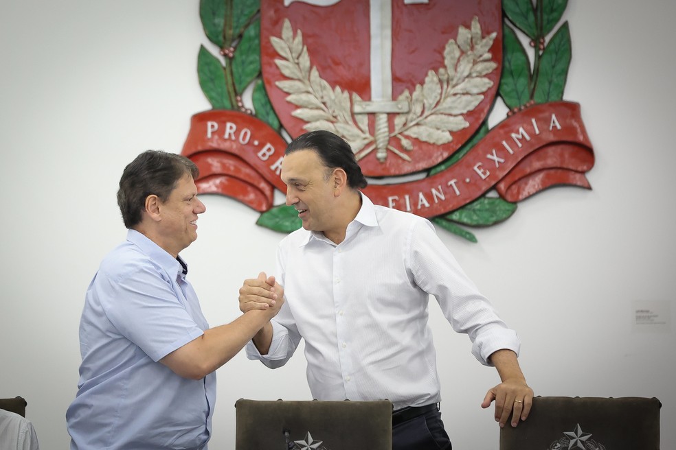 O governador Tarcísio de Freitas e o vice Felicio Ramuth no Palácio dos Bandeirantes. — Foto: Foto: Pablo Jacob / Governo de São Paulo