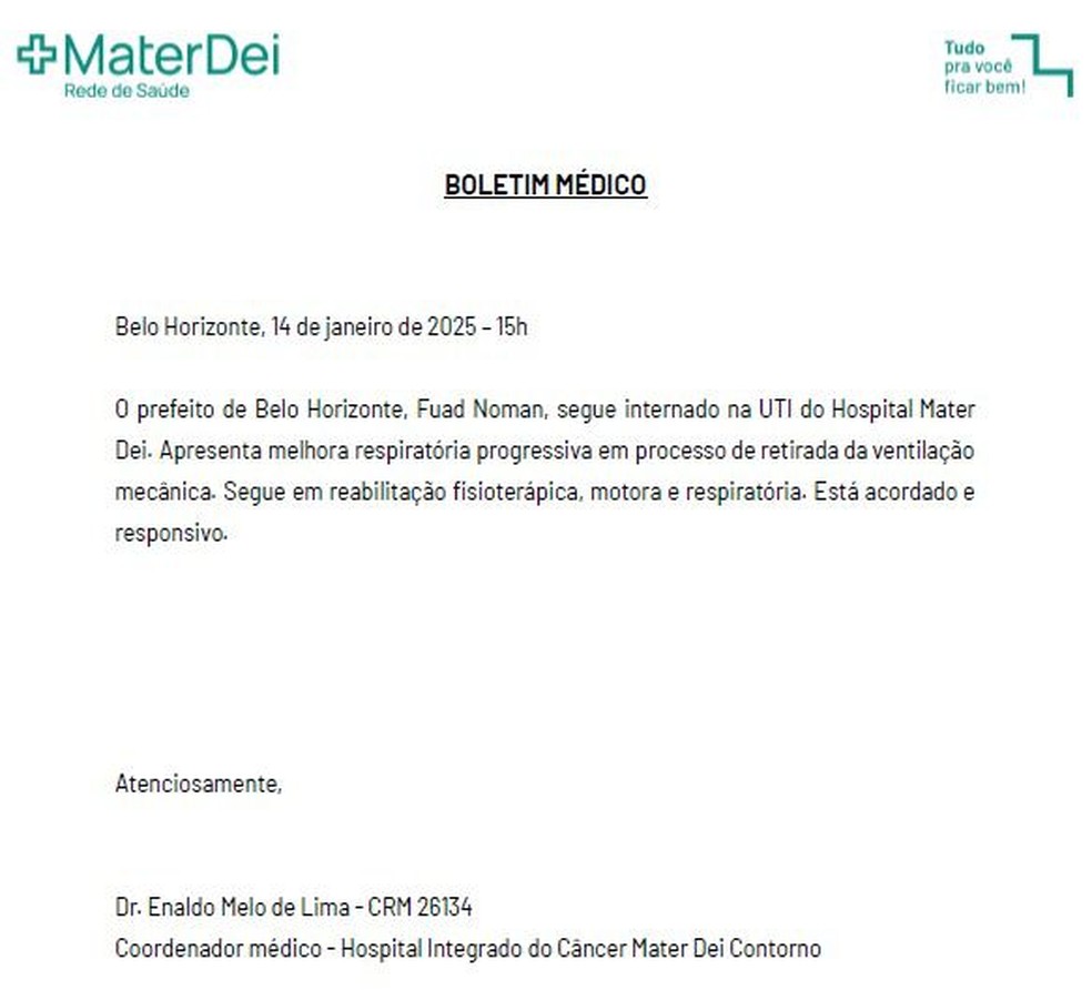 Boletim médico de Fuad Noman desta terça-feira (14) — Foto: Rede Mater Dei/ Reprodução