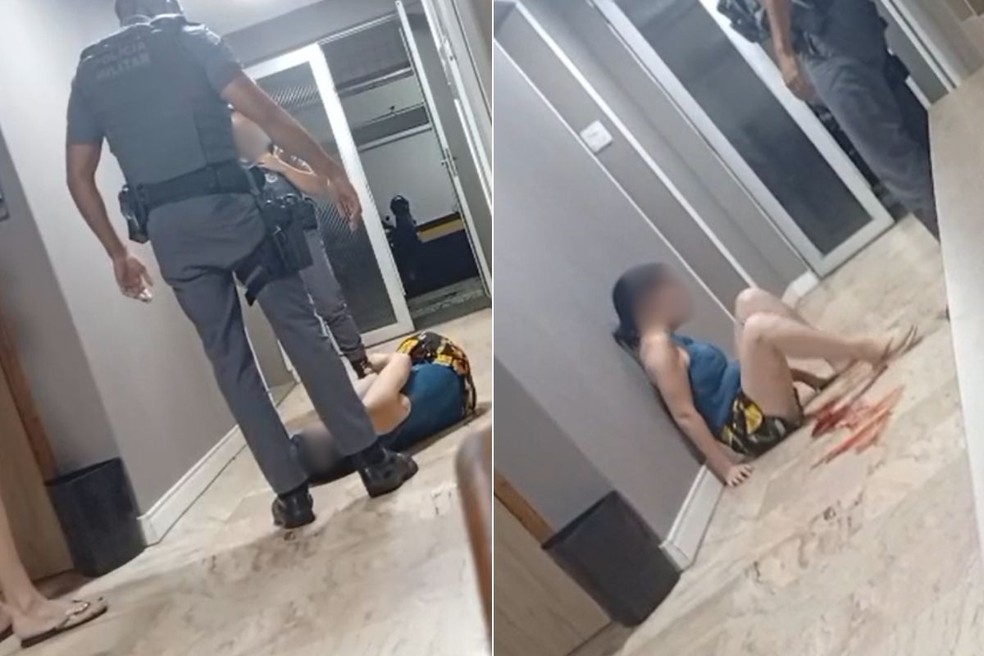 Mulher é atingida por chute de policial militar enquanto estava no chão. — Foto: Reprodução