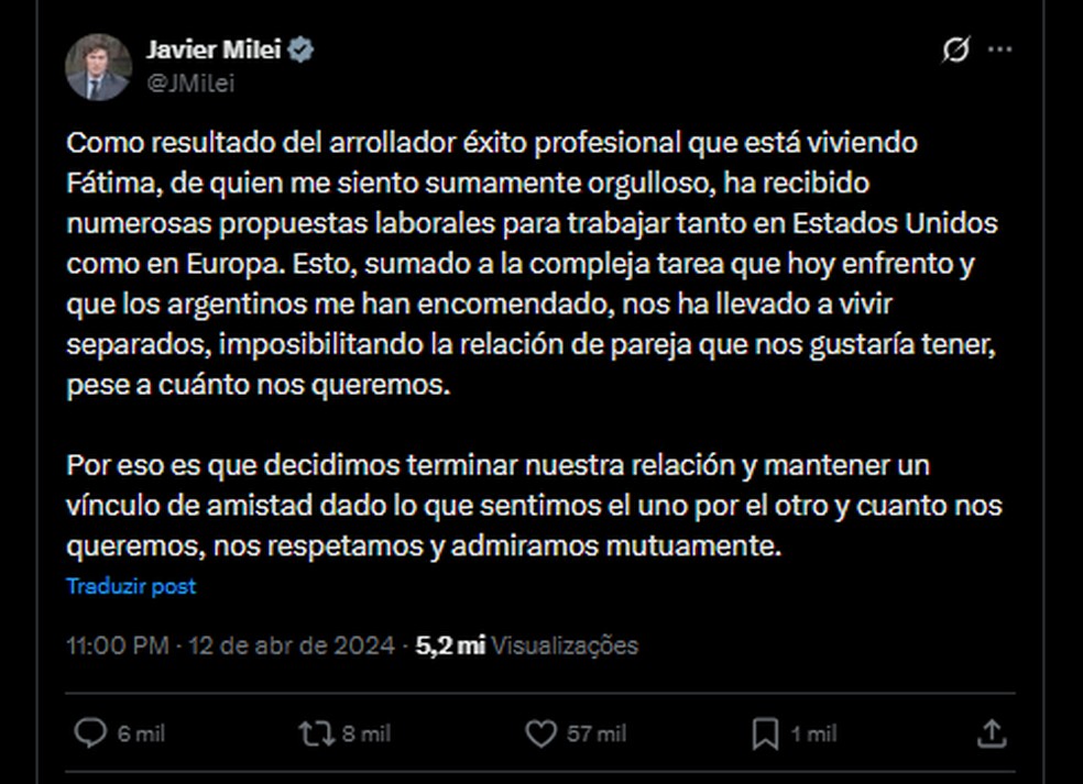 Milei explica motivos do término do namoro com Flórez — Foto: Reprodução