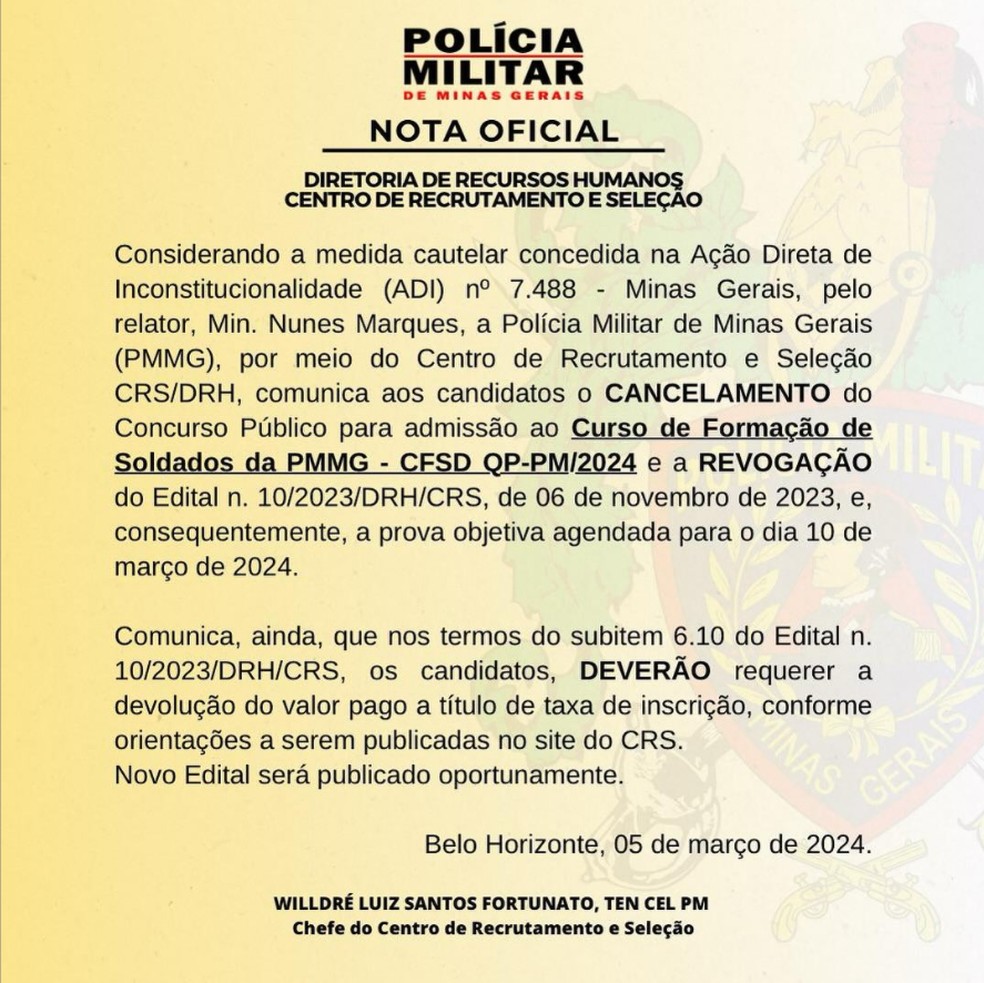 Nota foi divulgada pela PMMG nas redes sociais — Foto: Divulgação/PMMG