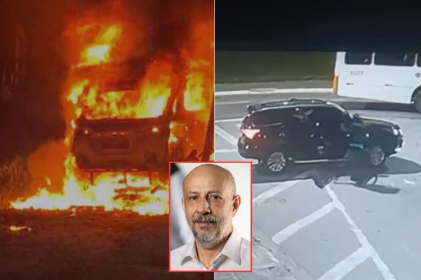 Carro suspeito de ter sido usado na execução do delegado Ruy Ferraz Fontes é encontrado em chamas em Praia Grande, SP — Foto: Reprodução e Prefeitura de Praia Grande