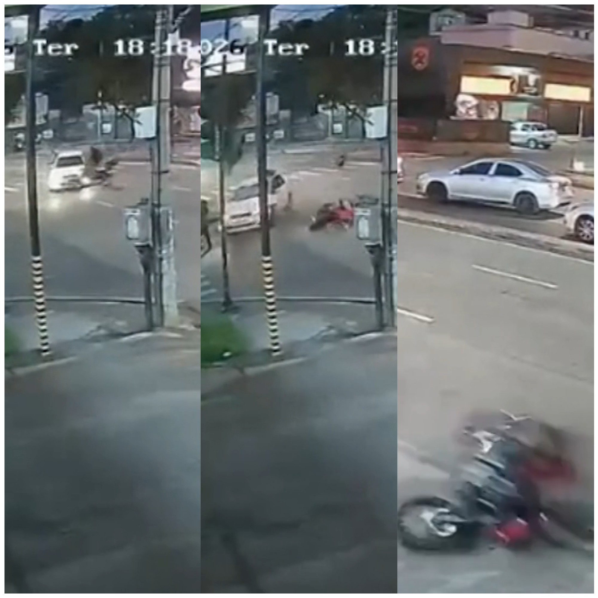 Moto avança sinal vermelho, bate em carro e pedestre é atingida em BH; VÍDEO