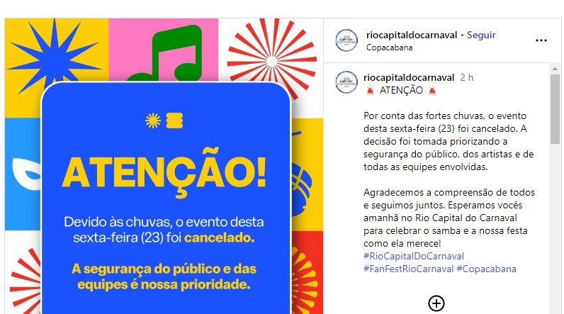 Carnaval Fan Fest em Copacabana é cancelado nesta sexta