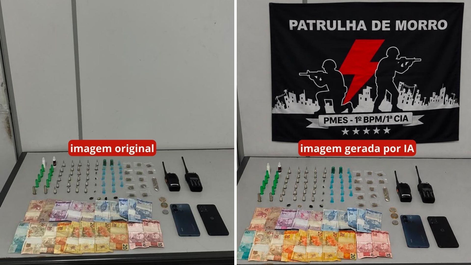 Polícia do ES aumenta quantidade de munição e altera modelo de celular apreendido em imagens geradas por IA; veja comparações