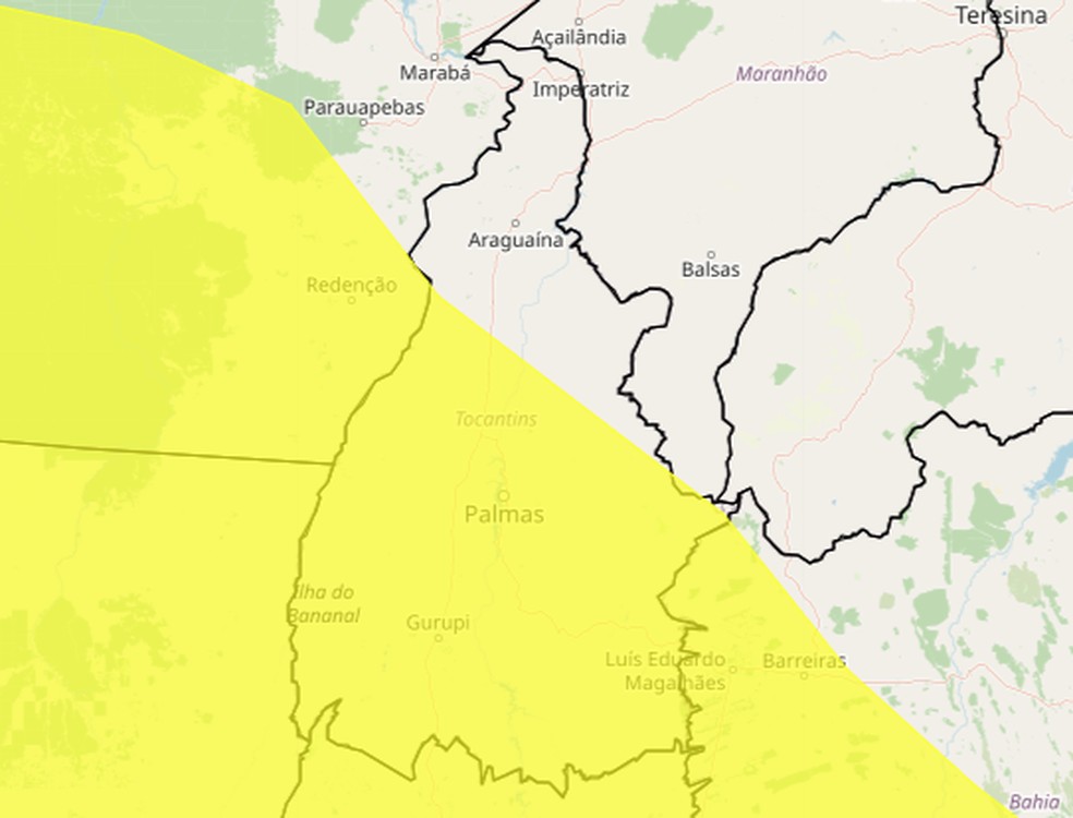 O alerta amarelo de perigo potencial se estende para quase todo o estado — Foto: Reproduão/Instituto Nacional de Meteorologia (Inmet)