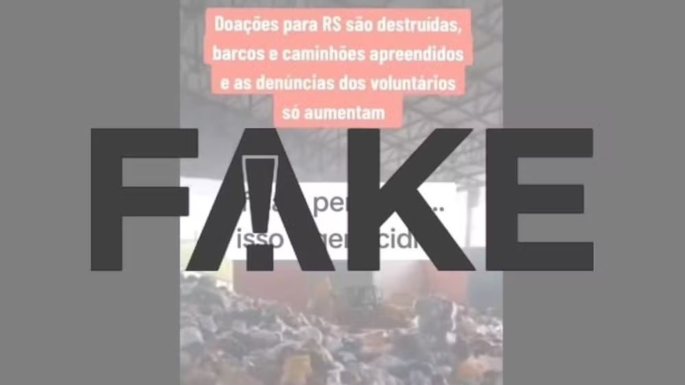 É #FAKE vídeo que mostra descarte de alimentos doados para vítimas dos temporais no RS. — Foto: Reprodução