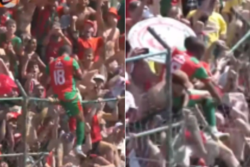 Alambrado desaba com jogador comemorando gol do título paulista A3 — Foto: Reprodução/Youtube/Paulistão