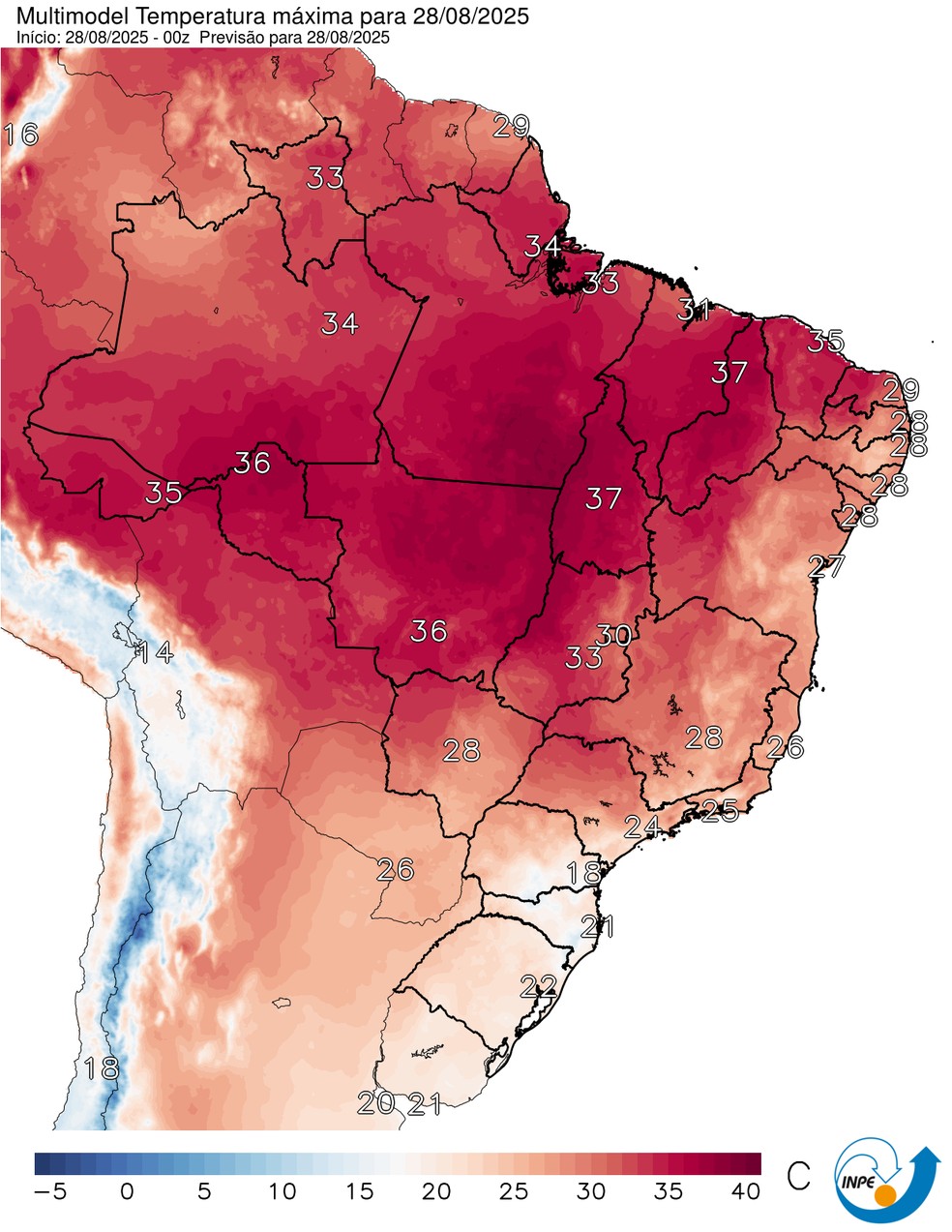 Mapa mostra previsão de temperatura máxima para esta sexta (29). — Foto: CPTEC/Inpe