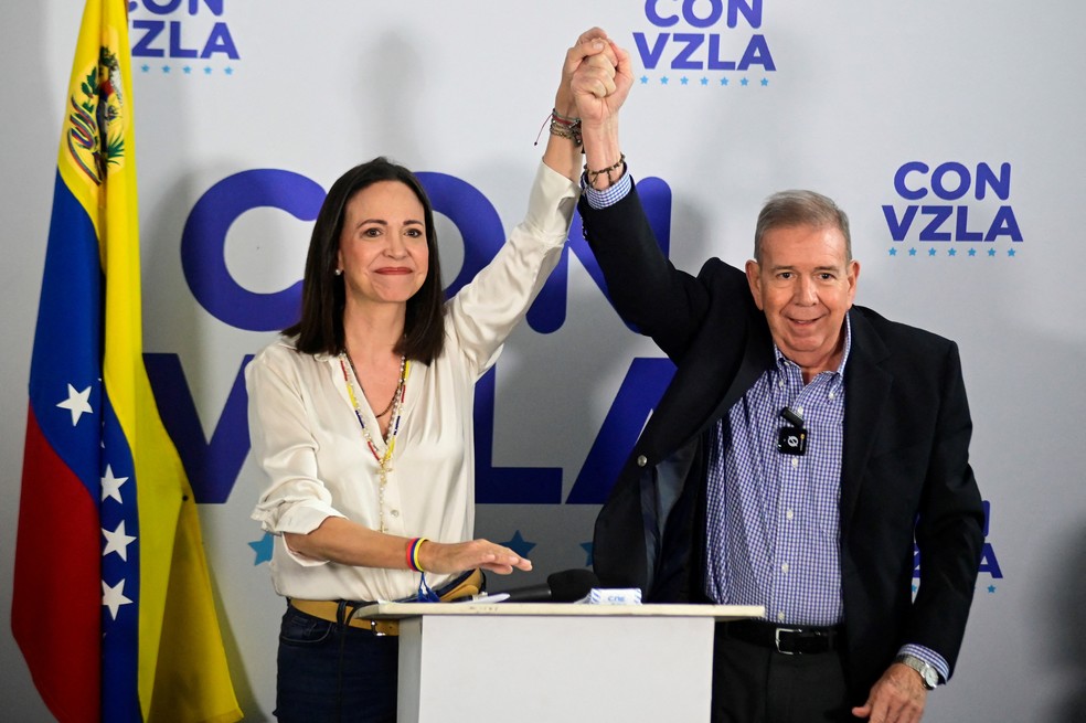 Maria Corina Machado e Edmundo González declaram vitória na eleição da Venezuela. — Foto: Maxwell Briceno/Reuters