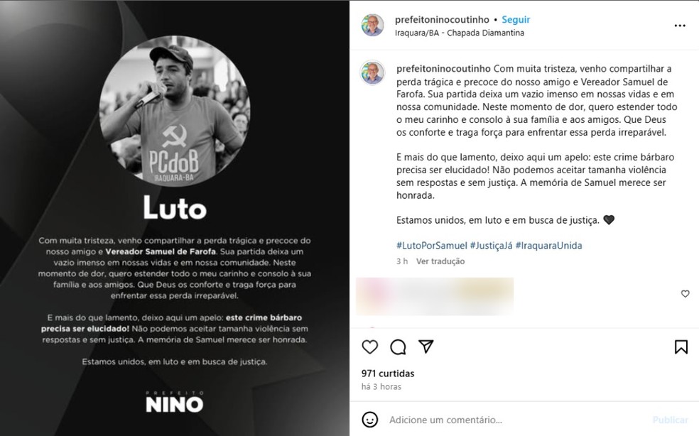 Prefeito de Iraquara, Nino Coutinho (PSD), lamentou a morte de Samuel nas redes sociais — Foto: Reprodução/Redes Sociais