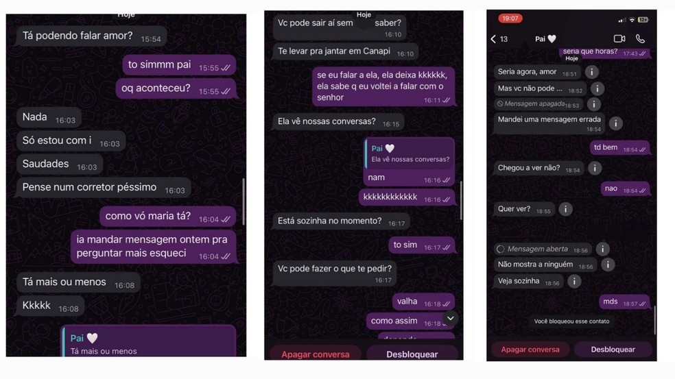 Capturas de tela mostram mensagens que o suspeito teria enviado para a filha — Foto: Reprodução