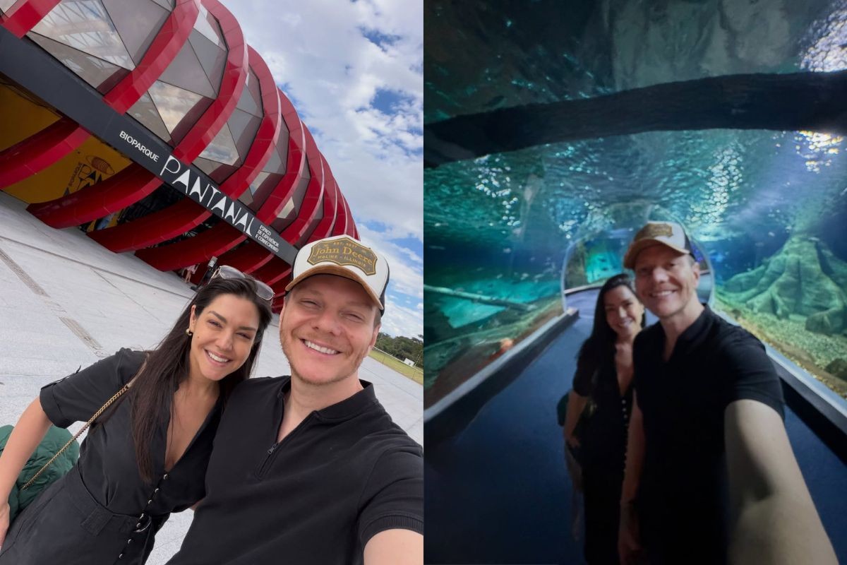 Michel Teló conhece o maior aquário de água doce do mundo pela 1ª vez ao lado da esposa e filhos: “lugar lindo”
