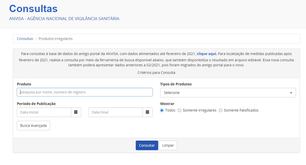 Ferramenta de pesquisa da Agncia Nacional de Vigilncia Sanitria (Anvisa) para saber se um produto  falsificado.  Foto: Reproduo