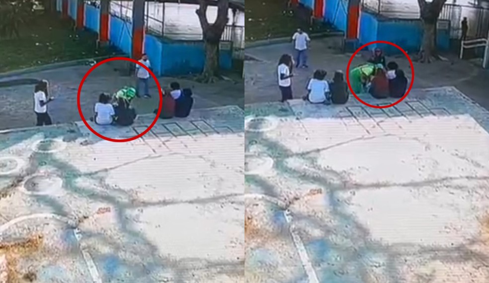 Câmeras de segurança flagraram momento em que catador de lixo tenta beijar crianças em escola da Zona Sul de SP — Foto: Reprodução