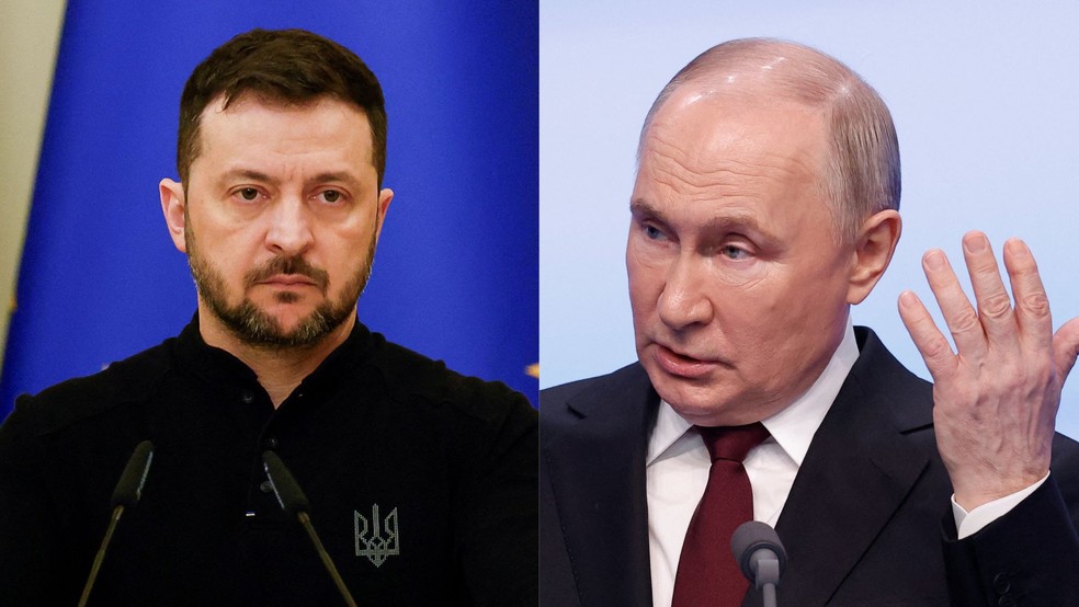 Presidente da Ucrânia, Volodymyr Zelensky (à esquerda), e o presidente da Rússia, Vladimir Putin. — Foto: REUTERS/Alina Smutko/File Photo/Maxim Shemetov