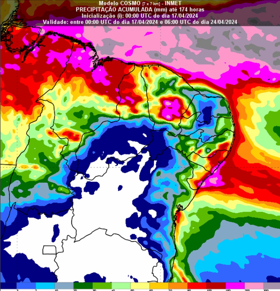 Mapa mostra o acumulado de chuva previsto para o Nordeste até a próxima quarta-feira (24). — Foto: INMET