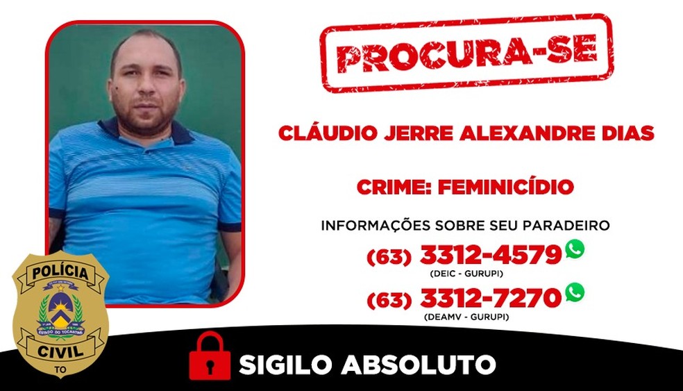Cartaz de procurado de Cláudio Jerre divulgado pela Polícia Civil — Foto: PC/Divulgação