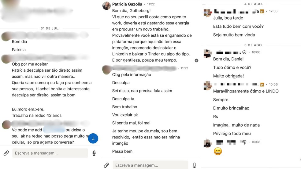 Prints mostram homens paquerando mulheres pelo LinkedIn — Foto: Reprodução/Redes Sociais