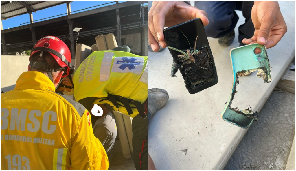 Bloco de concreto de 450 kg cai sobre trabalhador e impacto causa explosão de celular no bolso da vítima