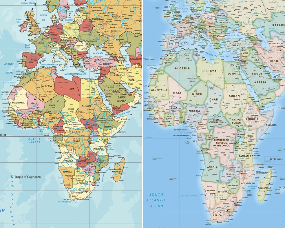 À esquerda, a África no mapa Mercator e à direita, o continente no novo mapa aprovado pela ONU — Foto: Reprodução