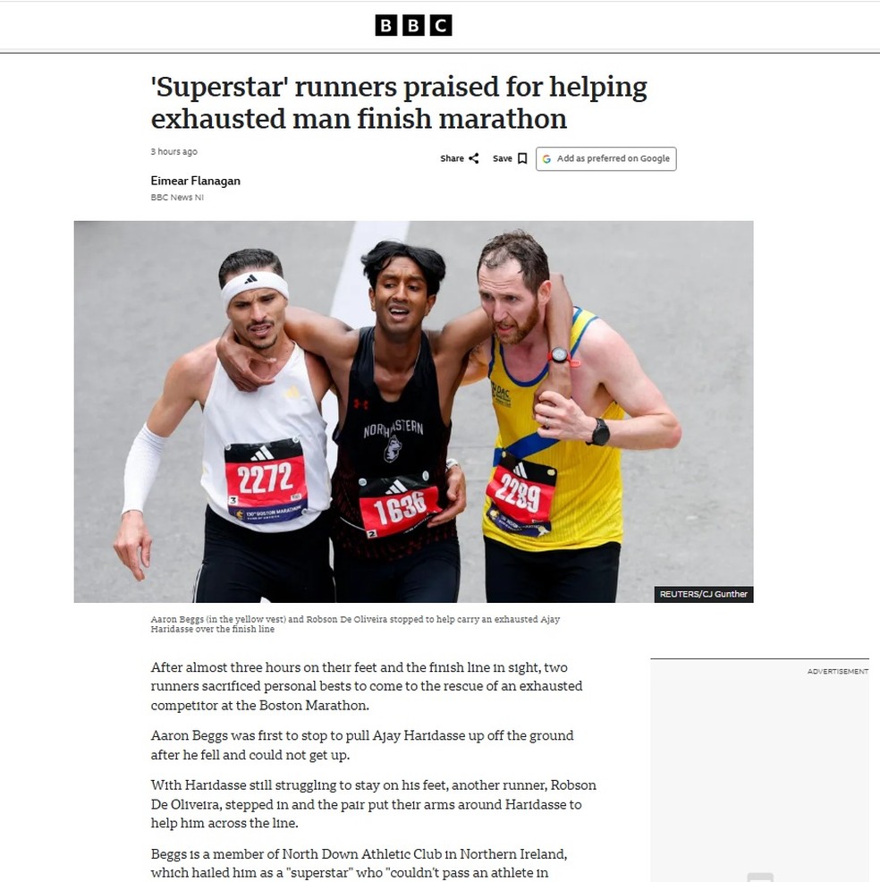 A repercussão internacional do ato de generosidade do brasileiro na Maratona de Boston, nos EUA. — Foto: Reprodução