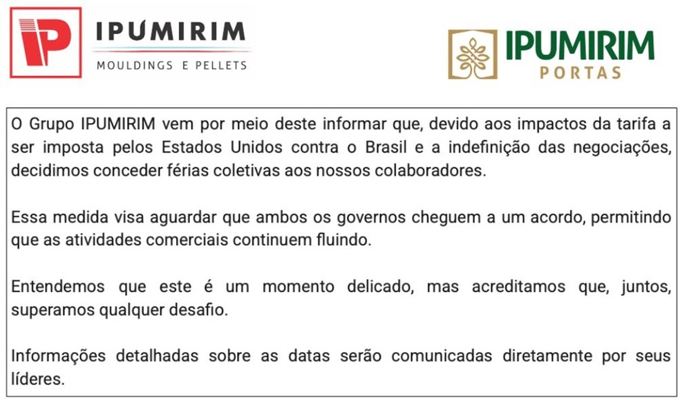 Empresa de SC anunciou férias coletivas após tarifaço de Trump — Foto: Reprodução