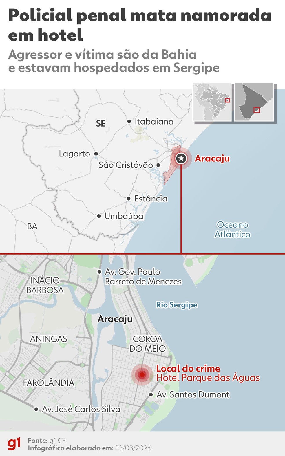 Localização do hotel, em Aracaju, onde mulher foi morta a tiros. — Foto: g1