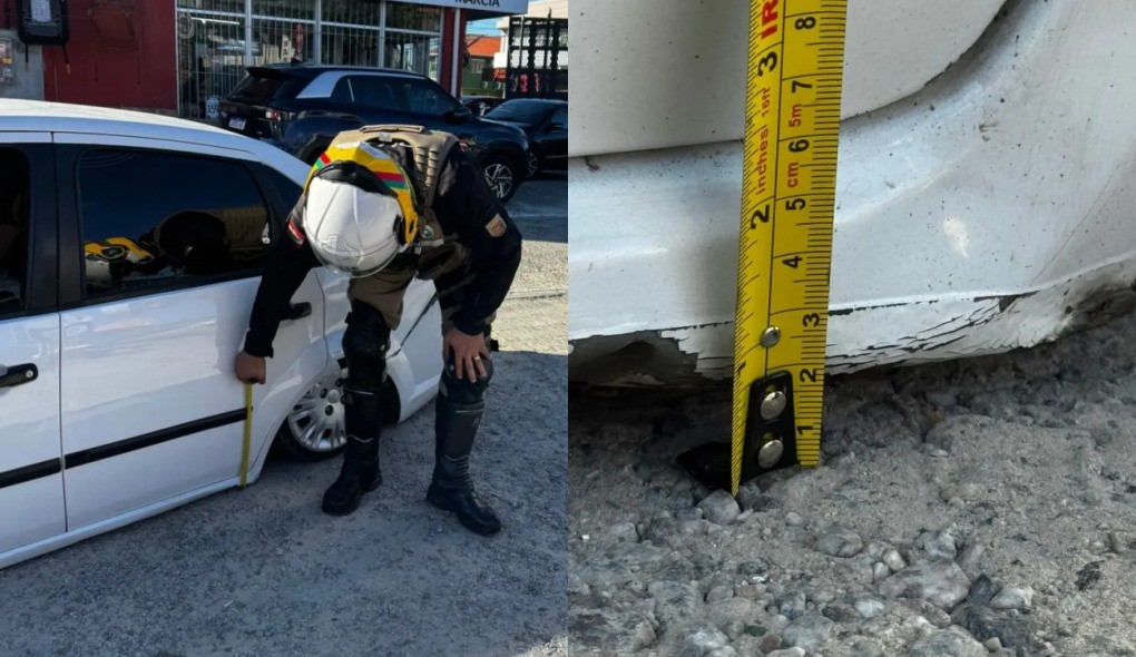 Carro rebaixado é flagrado a menos de 3 cm do chão e polícia usa fita métrica para medir irregularidade em Florianópolis