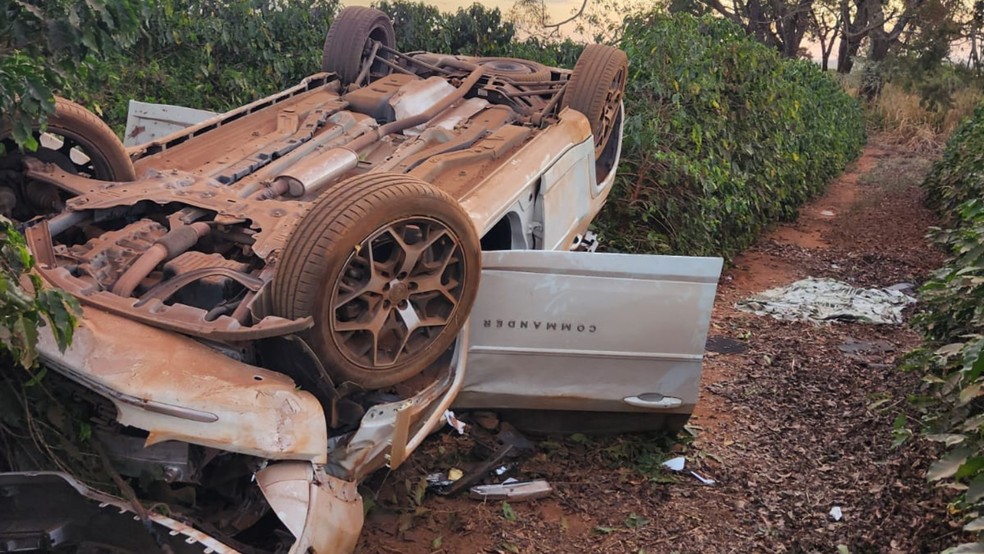 Carro capotou em meio a uma planta&ccedil;&atilde;o de caf&eacute; &agrave;s margens da rodovia &mdash; Foto: Erasmo Cl&aacute;udio