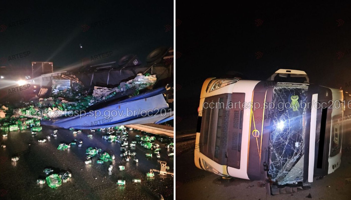 Motorista fica ferido após tombar carreta de refrigerantes na Rodovia Anhanguera, em Limeira