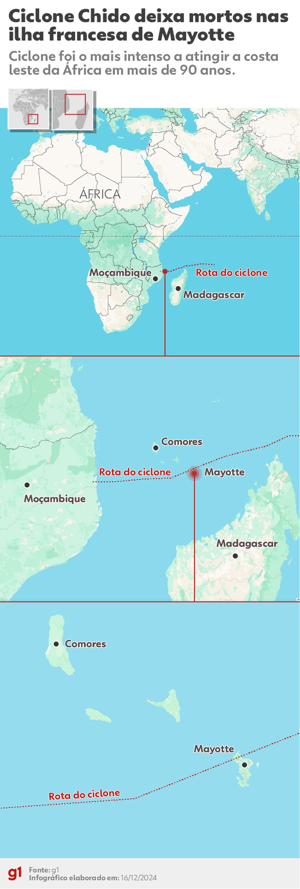 Mapa mostra território francês de Mayotte, atingido por ciclone, em dezembro de 2024. — Foto: arte/ g1