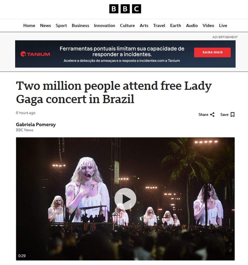 Repercussão do show da Lady Gaga pela BBC, do Reino Unido — Foto: Reprodução/BBC