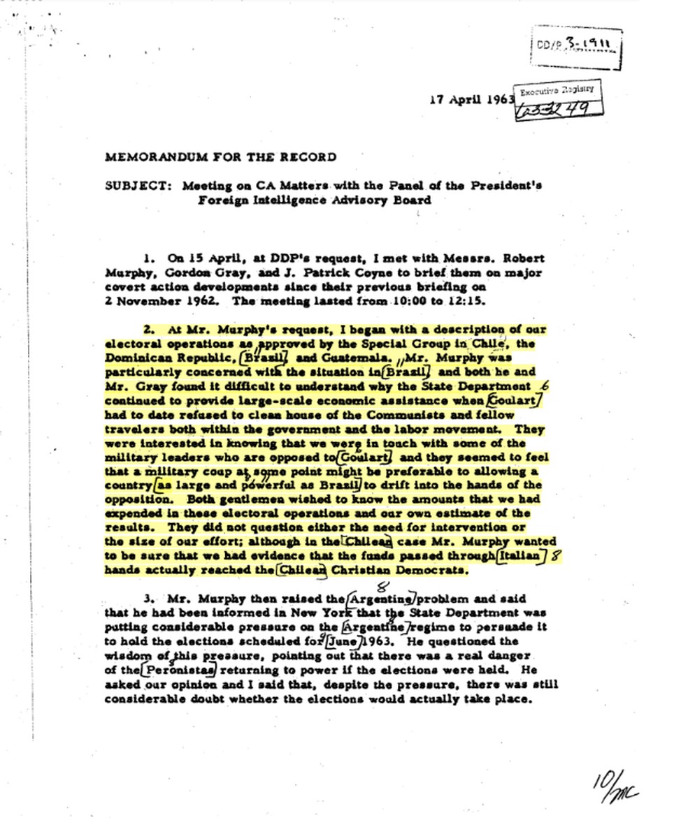 Trecho de documento da CIA aponta que golpe militar seria 