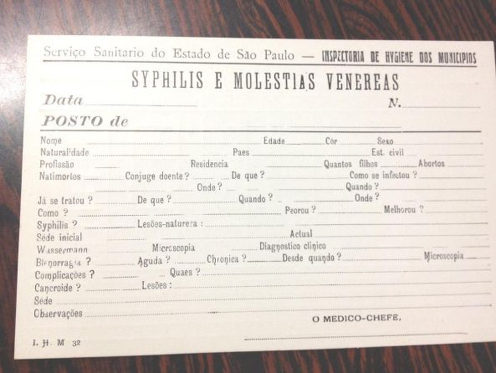 Ficha de controle sobre pacientes para tratamento de sífilis e outras doenças venéreas — Foto: ACERVO MUSEU EMÍLIO RIBAS