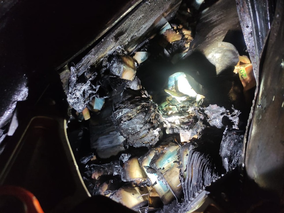 Parte do dinheiro foi queimada durante ataque a carro-forte na Rodovia Candido Portinari — Foto: Redes sociais