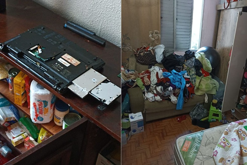 Notebook que teria sido utilizado pelo jovem para agredir avô de 77 anos (à esq.) — Foto: Polícia Civil/Divulgação