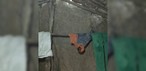 Interior da 'casinha' construída entre duas rochas no CE: local tem duas paredes de pedra; troncos usados na obra fazem as vezes de cabide