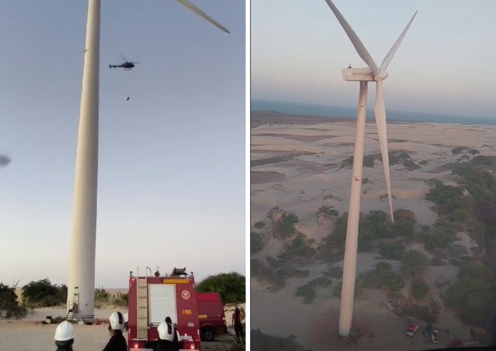 Helicóptero resgata trabalhadores presos em torre eólica após incêndio — Foto: Reprodução