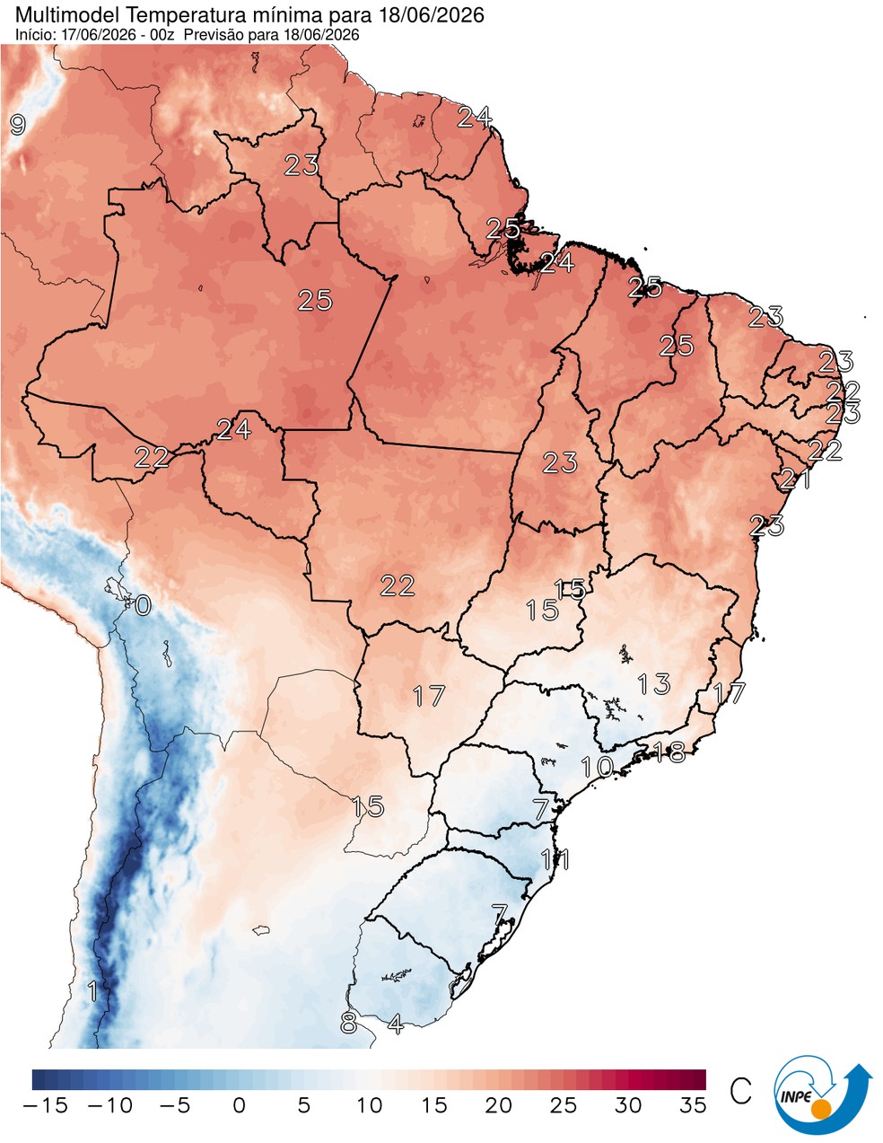 Previsão de temperatura mínima nesta quinta (18) em todo o Brasil. — Foto: CPTEC/Inpe