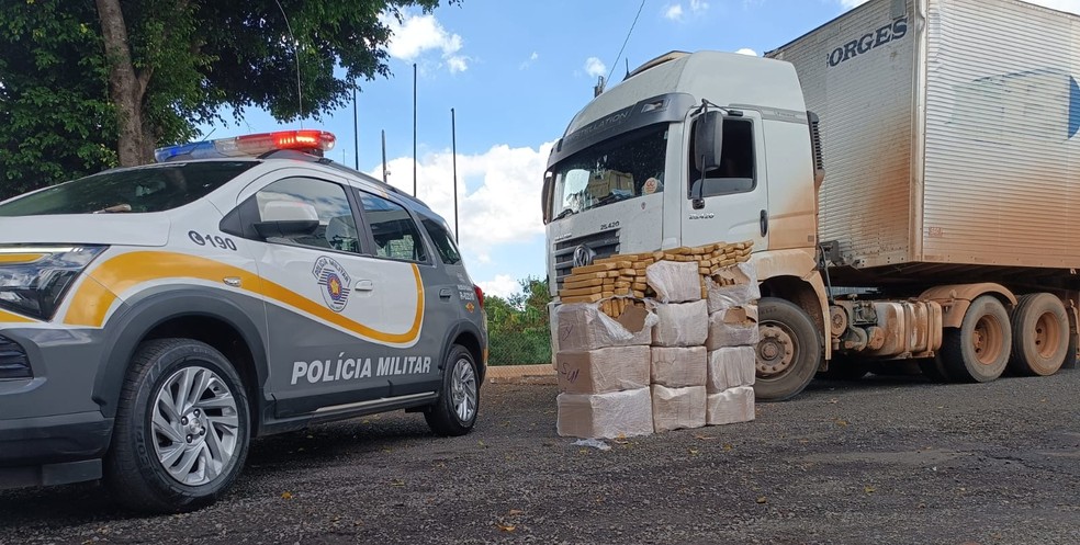 1 de 2
Dentro da cabine, os policiais encontraram 418 tabletes de maconha com a droga pesando mais de 442 quilos &mdash; Foto: Pol&iacute;cia Militar Rodovi&aacute;ria